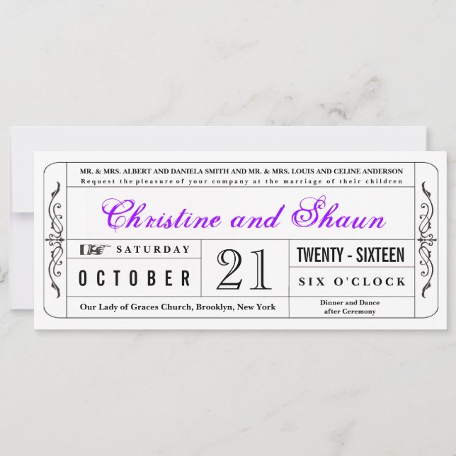 Vintage Style Wedding Ticket Invitation in Purple (Front)