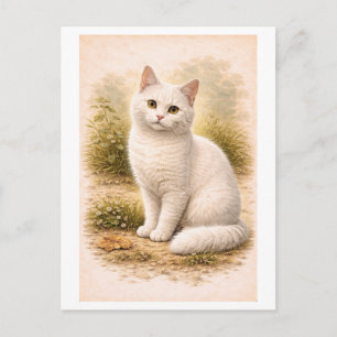 Vintage-Style White Cat Illustration Postcard