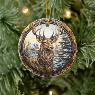 Vintage Style Winter Deer Buck Christmas Holiday Ceramic Ornament