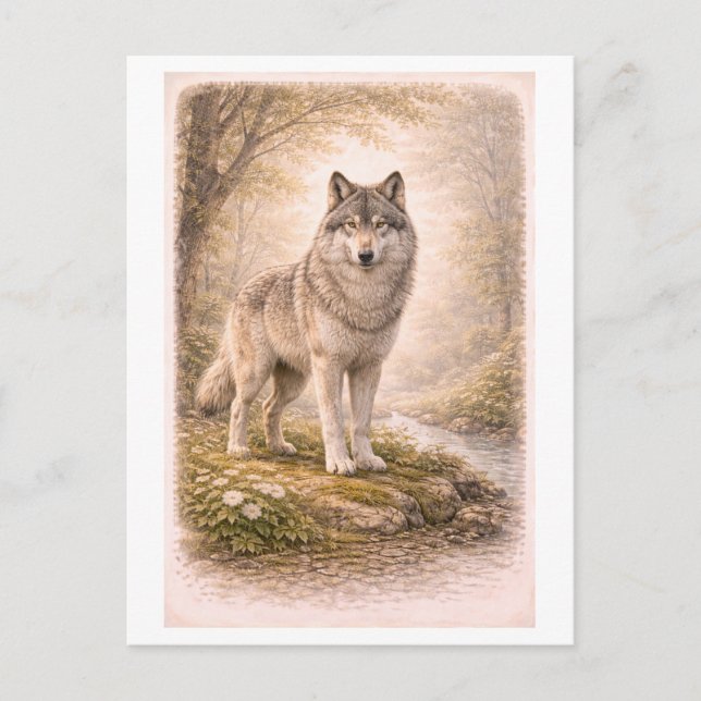 Vintage-Style Wolf Illustration Postcard (Front)