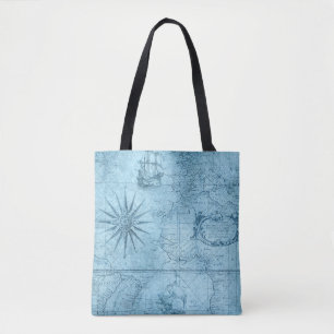 Vintage Style World Map with Ships Blue Background Tote Bag