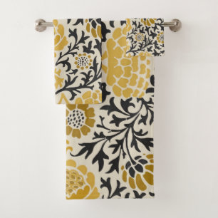 Vintage-style yellow and black floral pattern bath towel set