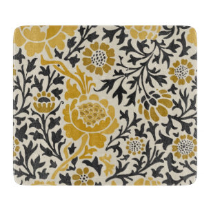 Vintage-style yellow and black floral  pattern cutting board