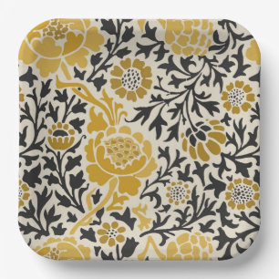 Vintage-style yellow and black floral pattern paper plate