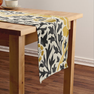 Vintage-style yellow and black floral  pattern short table runner