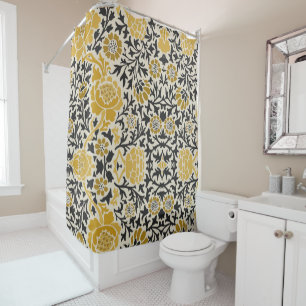 Vintage-style yellow and black floral  pattern shower curtain