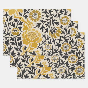 Vintage-style yellow and black floral pattern wrapping paper sheet
