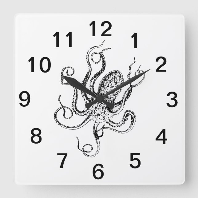 Vintage Stylised Octopus Drawing #1 Square Wall Clock (Front)