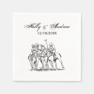 Vintage Stylised Polo Match Drawing #1 Black Napkin