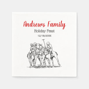 Vintage Stylised Polo Match Drawing #1 Black Napkin