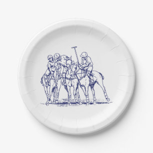 Vintage Stylised Polo Match Drawing #1 Blue Paper Plate