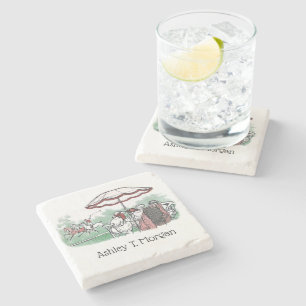 Vintage Stylised Polo Match Ladies Watching Drawin Stone Coaster