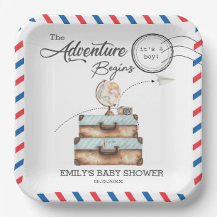 Vintage Suitcase Baby Shower Boy Adventure Postal Paper Plate