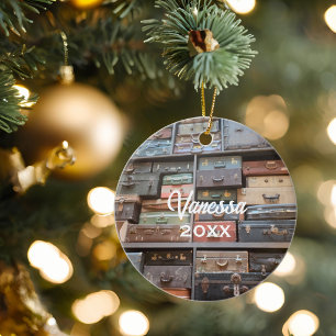 Vintage Suitcase Travel Custom Name Year Ceramic Ornament