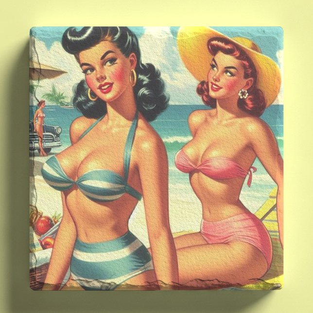 Vintage Summer Beach Pin Ups Stone Coaster (Creator Uploaded)
