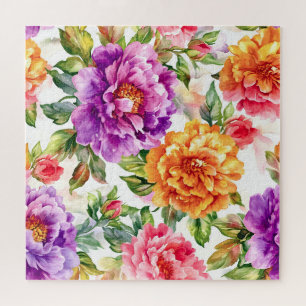 Vintage Summer Bloom Watercolor Florals Jigsaw Puzzle