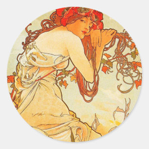 Vintage Summer by Alphonse Mucha Classic Round Sticker