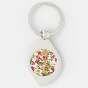 Vintage Summer Pink Rose Peonies Flowers Key Ring