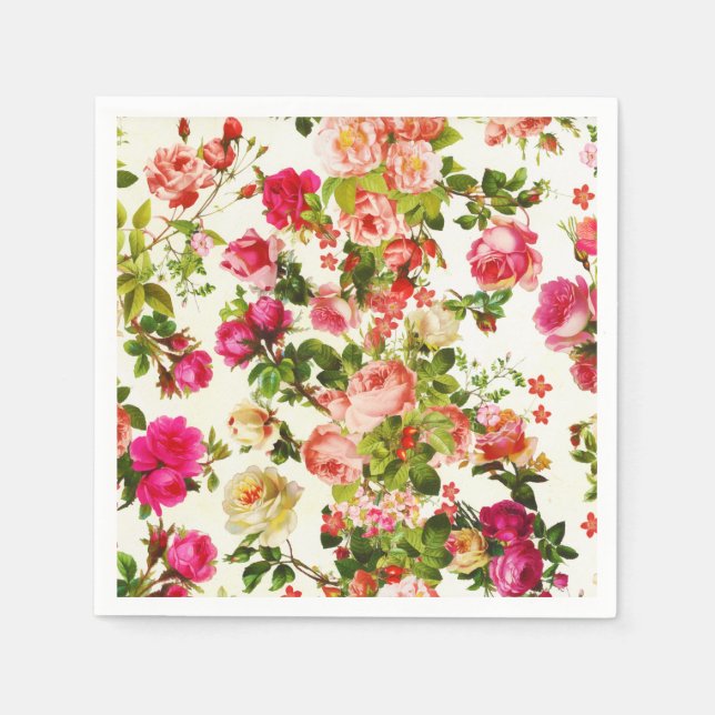 Vintage Summer Pink Rose Peonies Flowers Napkin (Front)