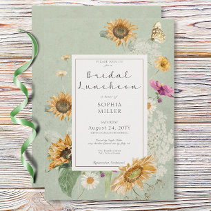 Vintage Summer Sunflower Green Bridal Luncheon Invitation