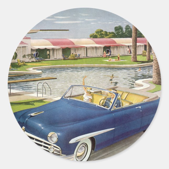 Vintage Summer Vacation, Convertible Car and Motel Classic Round Sticker (Front)