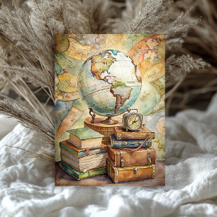 Vintage summer vacation old books globe map tissue paper