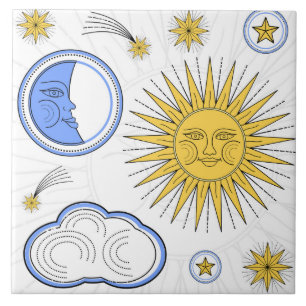 Vintage Sun and Moon Ceramic Tile
