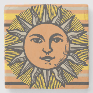 Vintage sun face woodcut stone coaster