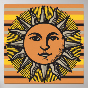 Vintage sun face woodcut stone poster