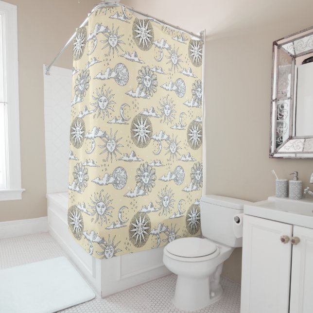 Vintage Sun Moon Celestial Pattern Champaign Shower Curtain (In Situ)