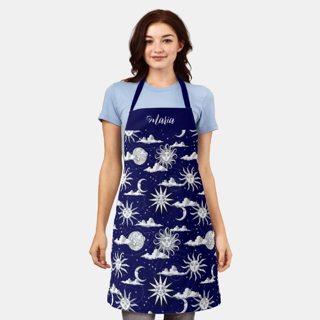 Vintage Sun Moon Celestial Pattern Personalised Apron (Worn)