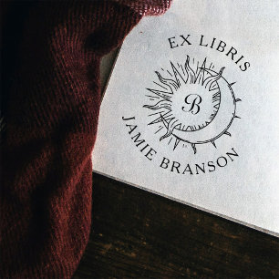 Vintage Sun & Moon Initial Round Ex Libris Book Rubber Stamp