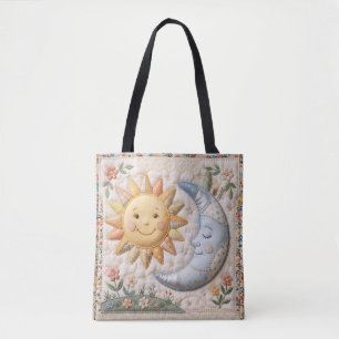 Vintage Sun Moon Quilt Style Print Tote Bag