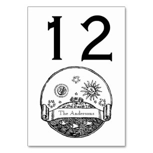 Vintage Sun Moon Stars Ocean Planet Earth Drawing Table Number