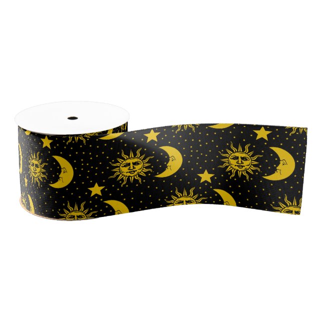 Vintage Sun Moon Stars Pattern Grosgrain Ribbon (Spool)