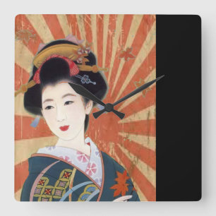 Vintage Sun Rays Japanese Geisha Retro Square Wall Clock