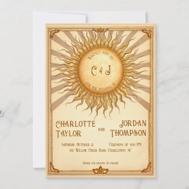 Vintage Sun Wedding Invitation in Warm Tones (Front)