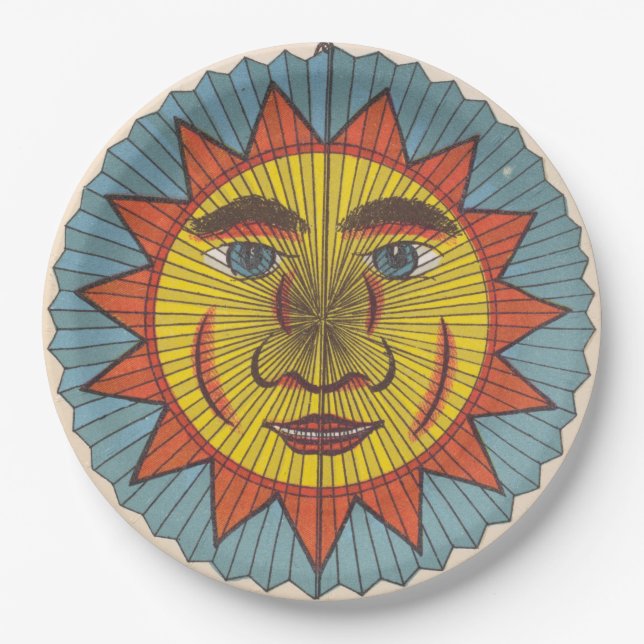 Vintage Sun with Smiling Face Paper Plate (Front)