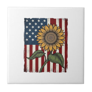 Vintage Sunflower American Flag Ceramic Tile