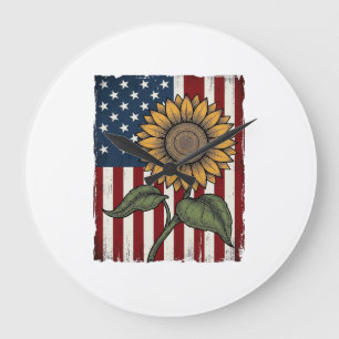 Vintage Sunflower American Flag Large Clock