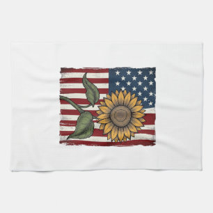 Vintage Sunflower American Flag Tea Towel