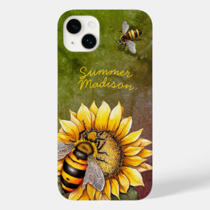 Vintage Sunflower and Bees Rustic Green Name Case-Mate iPhone 14 Plus Case