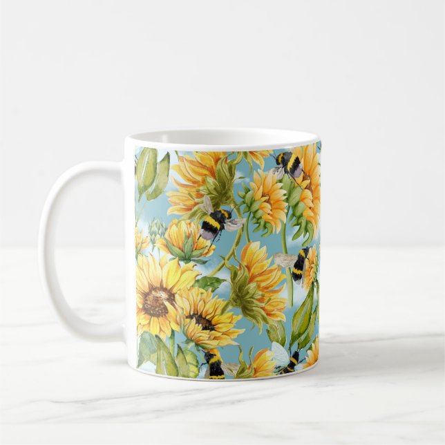 Vintage Sunflower And Bees Seamless Pattern Coffee Mug (Left)