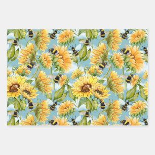 Vintage Sunflower And Bees Seamless Pattern Wrapping Paper Sheet