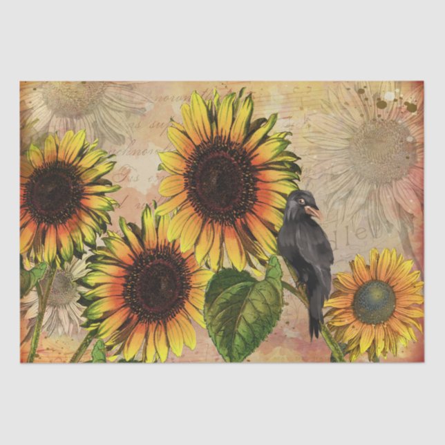 Vintage Sunflower and Crow Decoupage Tissue Paper (Front)
