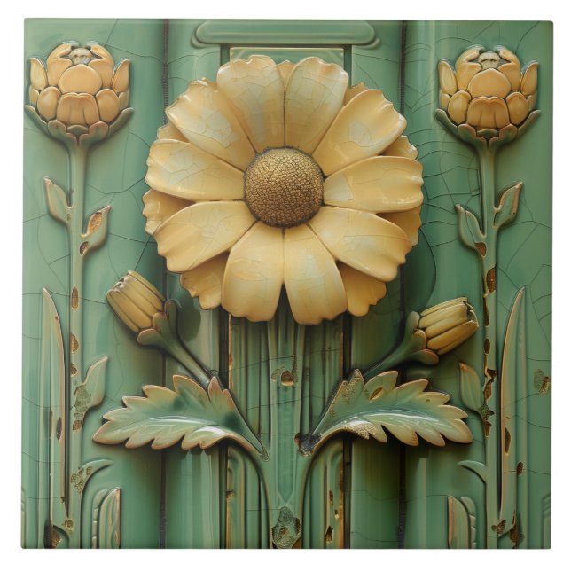 Vintage Sunflower Art Deco Symetrical Ceramic Tile (Front)
