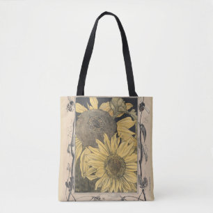 vintage sunflower art, floral design tote bag