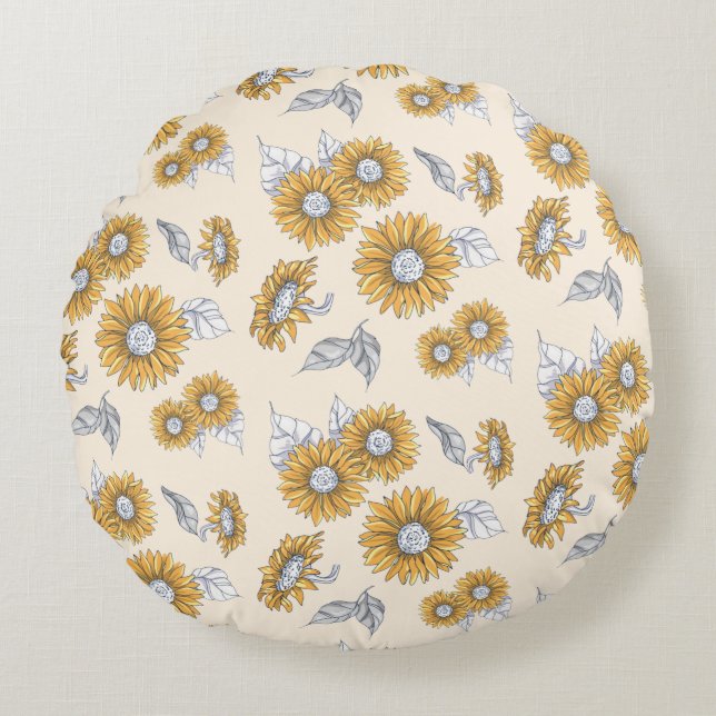Vintage Sunflower Botanical Pattern Round Cushion (Front)