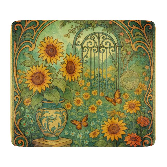 Vintage Sunflower Garden Butterflies Art Nouveau Cutting Board (Front)