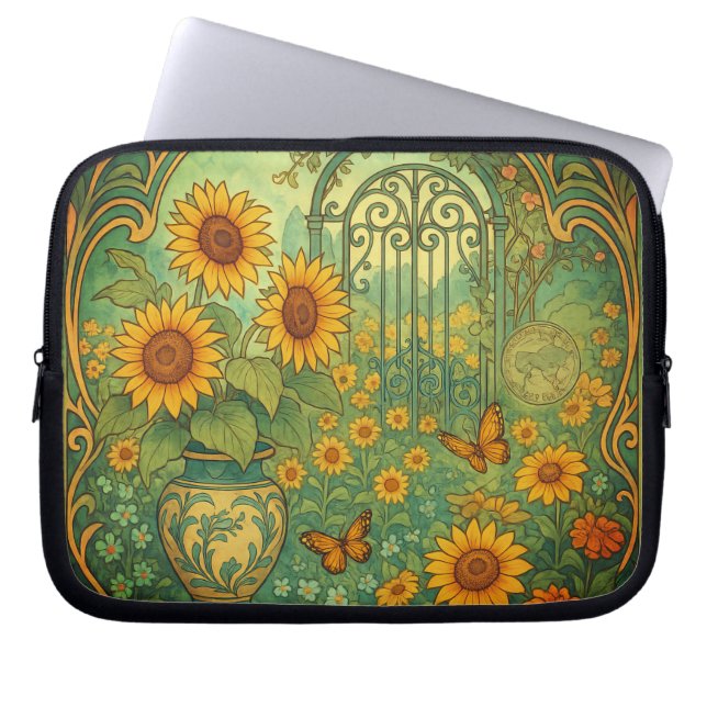 Vintage Sunflower Garden Butterflies Art Nouveau Laptop Sleeve (Front)